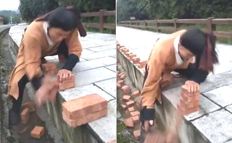 Egy kung fu mester rekordot állít a tégla csupasz kezével történő töréséért.